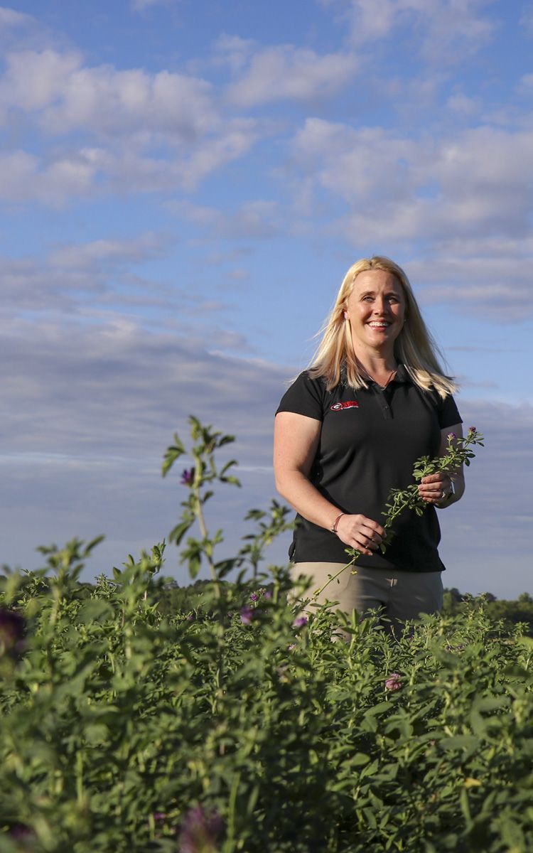 Person standing in a field, holding a sprig of flowers