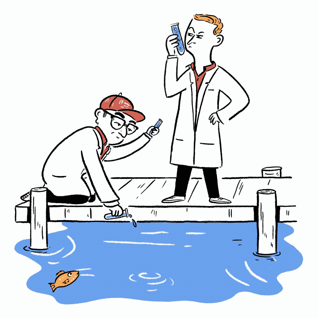 Animated cartoon of two scientists in lab coats collecting and examining samples on a dock. A child in a floaties and an innertube floats over curiously as a fish looks on.