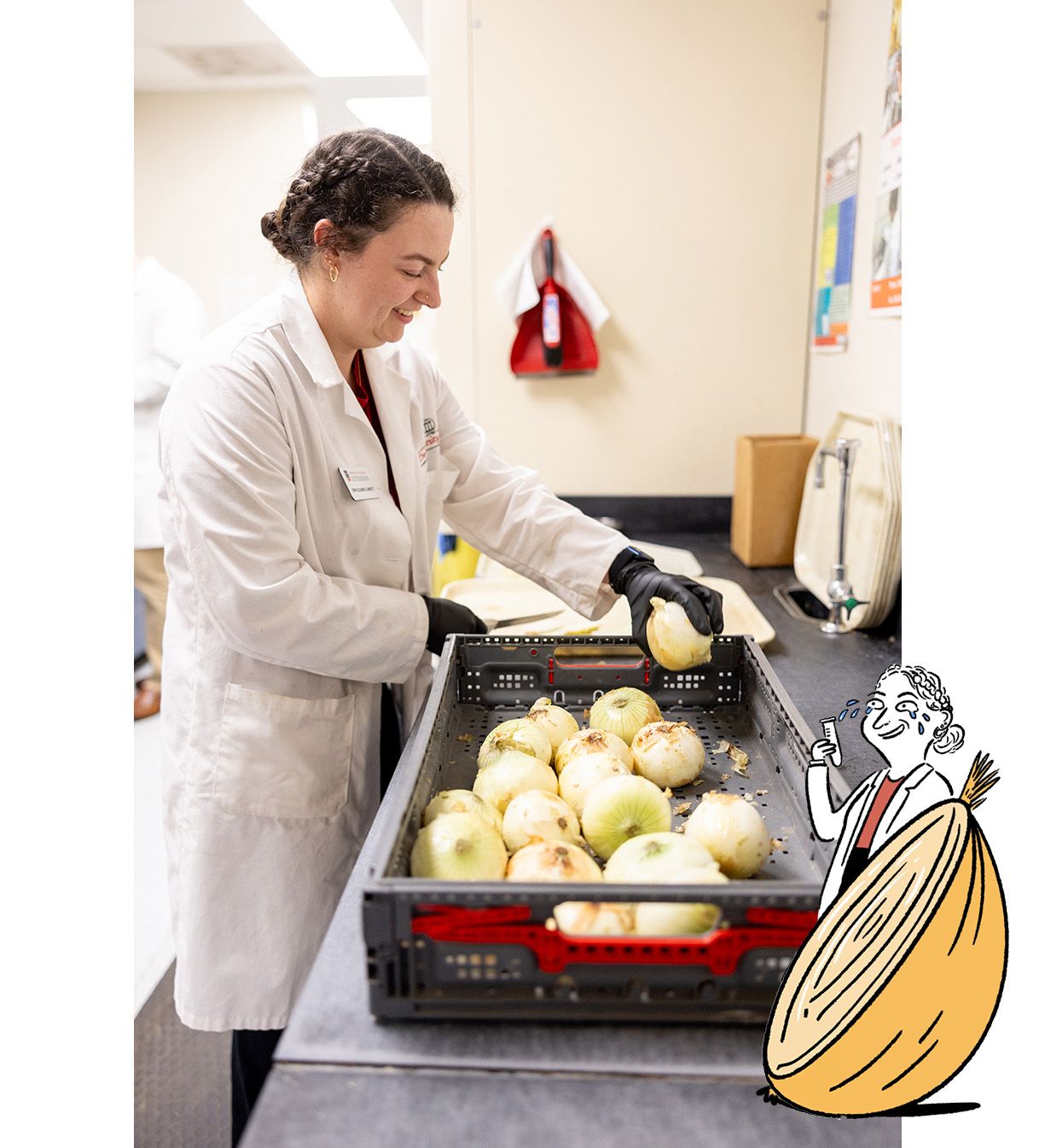 A woman in a lab coat slices onions from a large tray. Next to this photo is a caricature of her and a giant onion half..