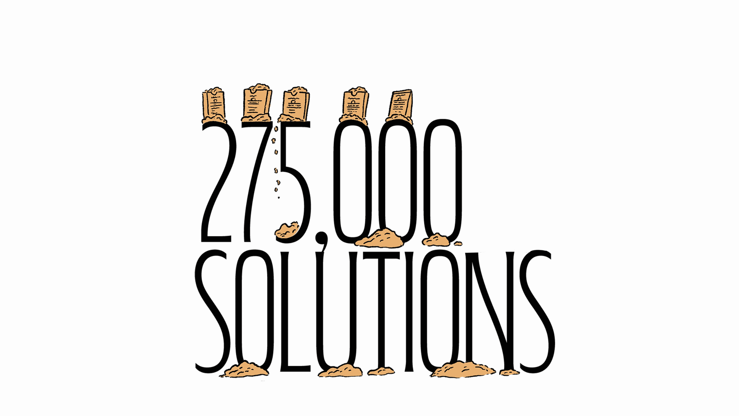 Animated cartoon of lab assistant holding a bottle and a soil sample bag. Bags of dirt spill over letters reading "275,000 Solutions"
