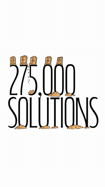 Animated cartoon of lab assistant holding a bottle and a soil sample bag. Bags of dirt spill over letters reading "275,000 Solutions"