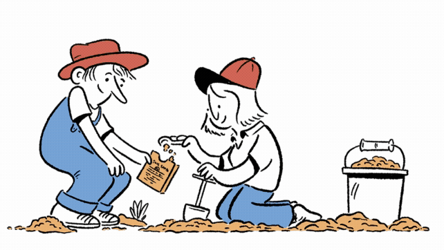 Animated cartoon of two farmers filling a soil sample bag