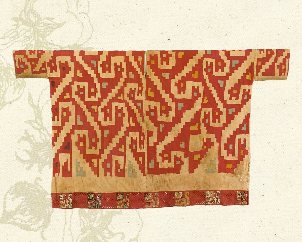 Ancient Moche tunic woven with cotton and camelid hair in intricate red, beige, and geometric patterns.