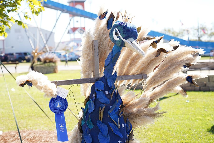 A peacock-themed scarecrow captured first place for the 4-H Family Scarecrow contest. 
