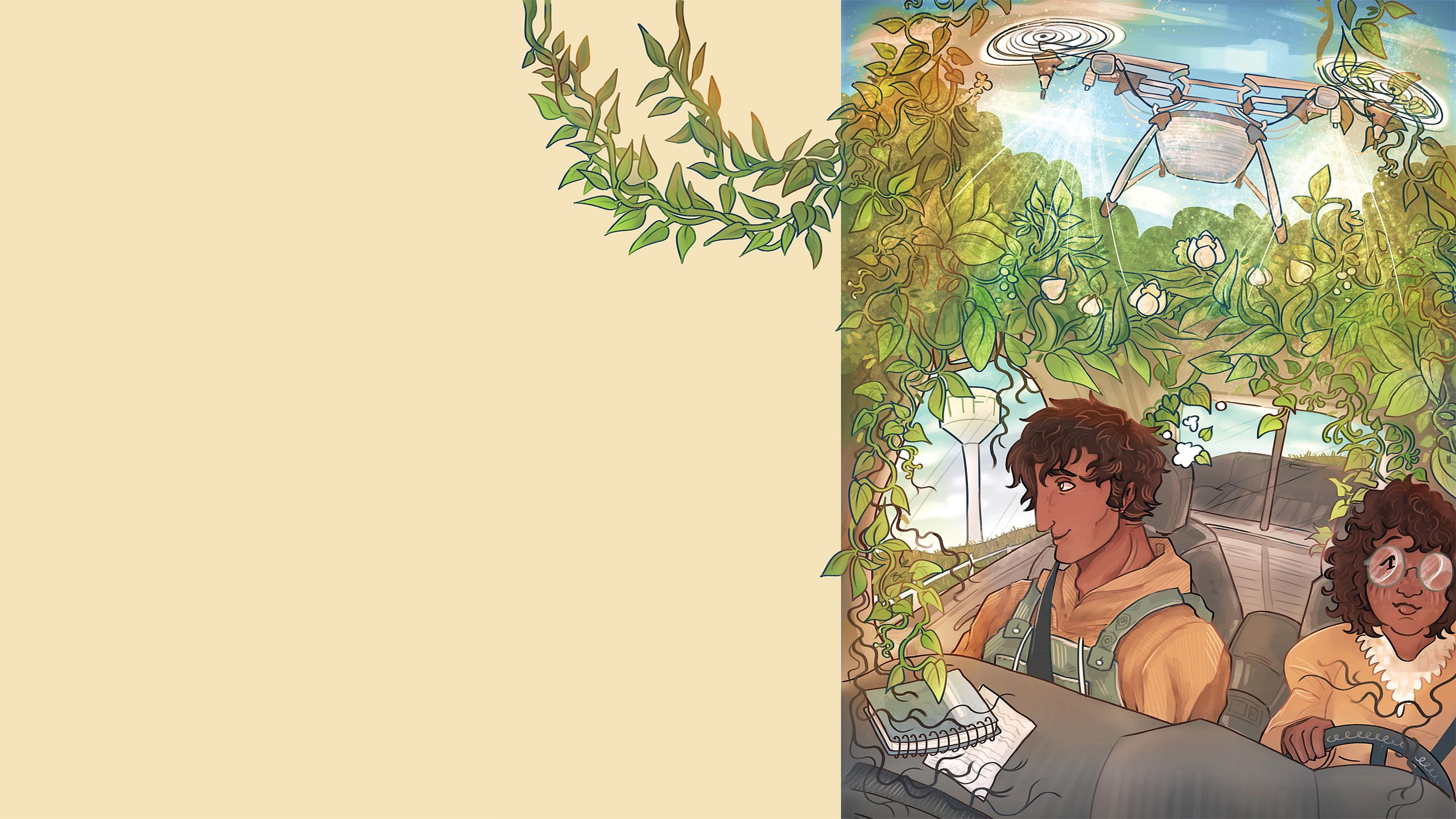 An illustration shows a young man in the cab of a pickup truck gazing out the window at a water tower marked "Tifton" as he dreams about a drone flying among green vines and flowers.