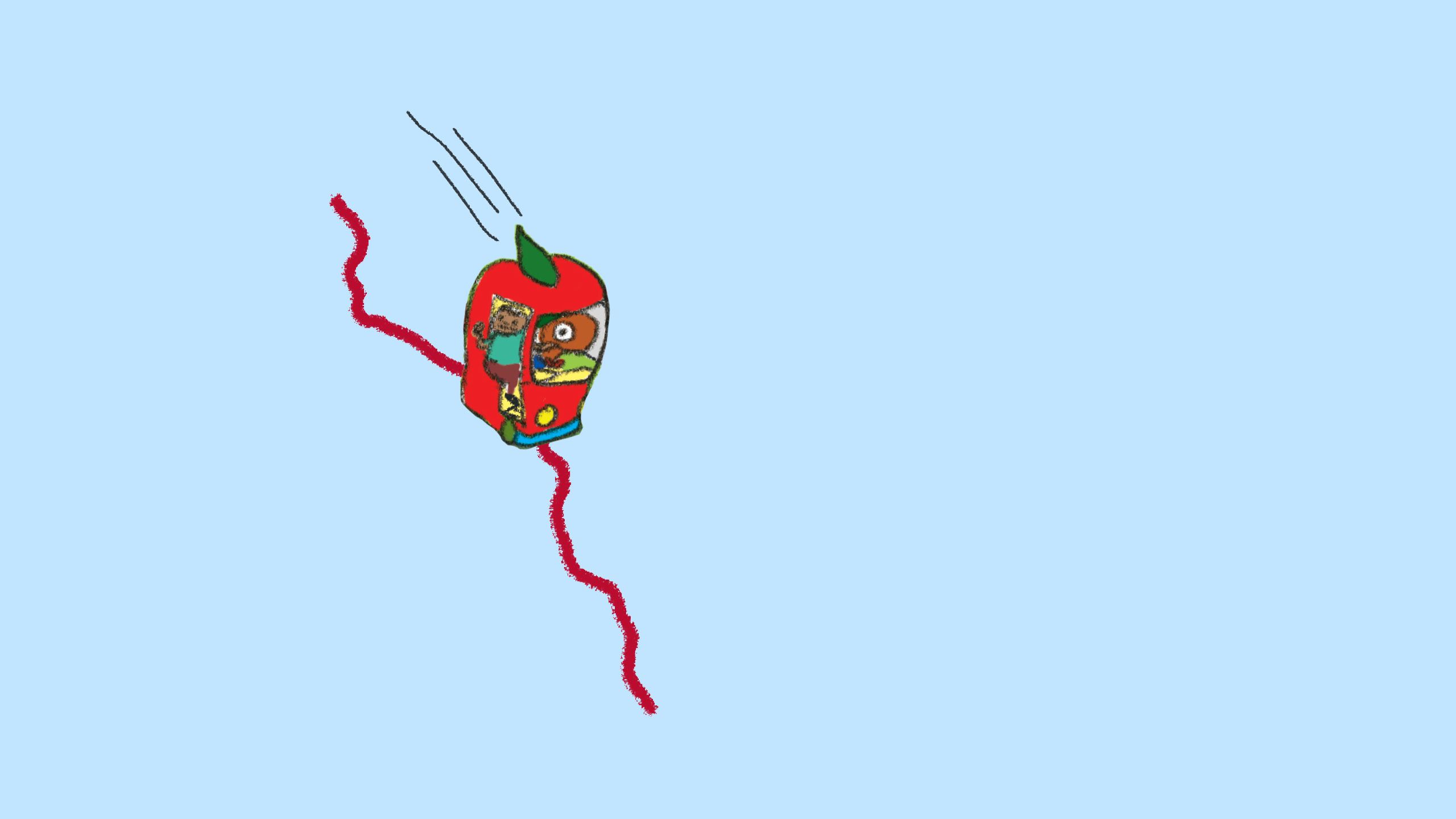 A cartoon apple-shaped car carrying passengers travels along a winding red path on a map, marking a journey between Blairsville and Winterville.