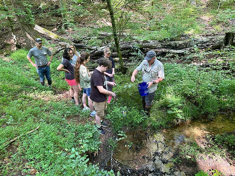 UGA Professor Kris Irwin helps campers in a forest set leaf-litter traps to capture macroinvertebrates, small amphibians and other organisms during Georgia 4-H Natural Resources Exploration Camp at Rock Eagle 4-H Center. 
