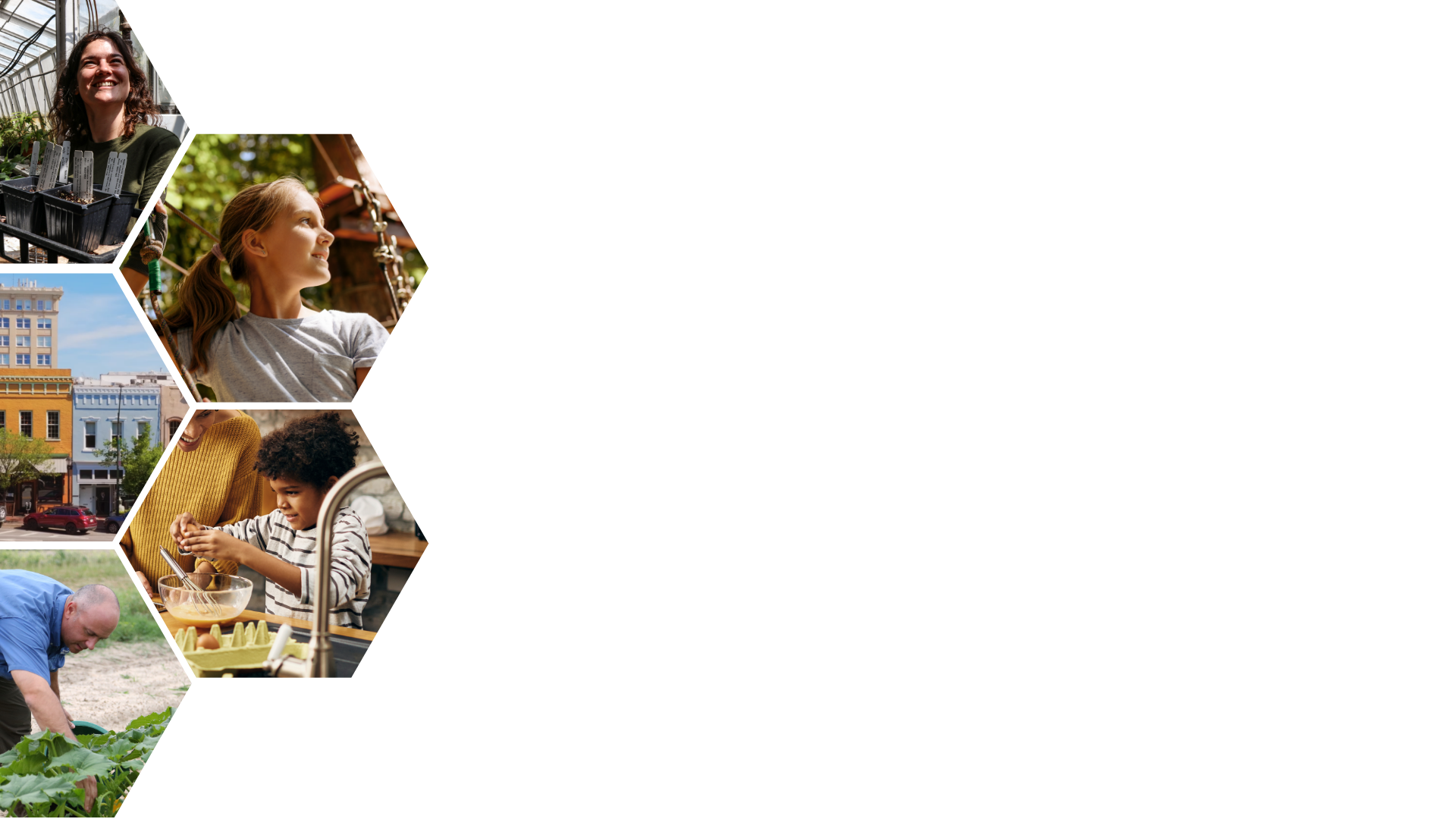 Hexagonal collage of woman with plants, child, city street with building, child and parent in the kitchen making eggs, man picking produce in a field
