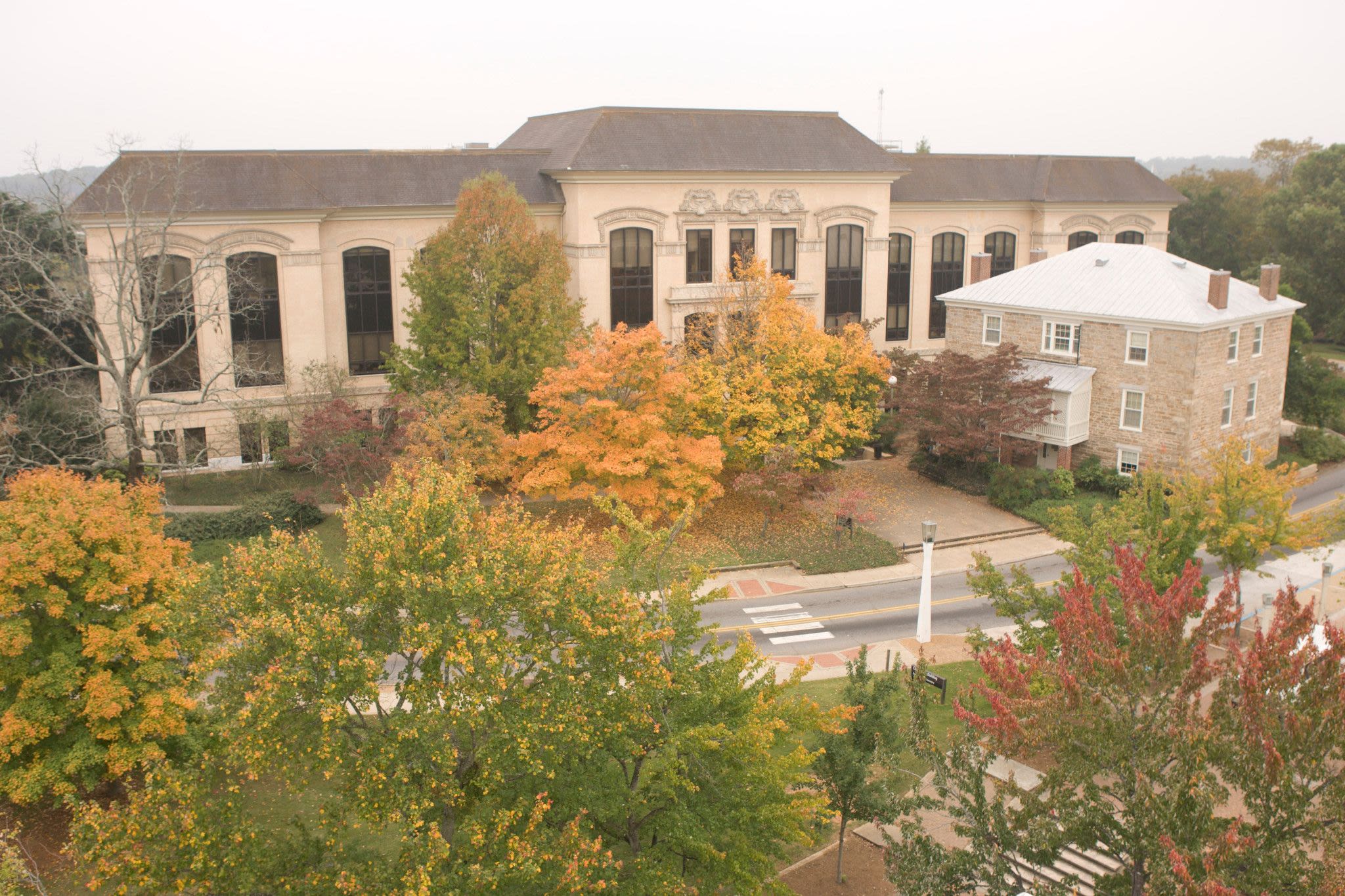 An aerial view of Conner Hall in the fall. Conner is the location of the CAES administrative offices.