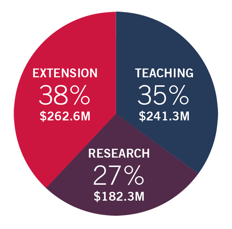 A pie chart breaks down the $7.4 billion economic impact of teaching ($241.3 million), research ($182.3 million), and Extension ($262.6 million.) at CAES.