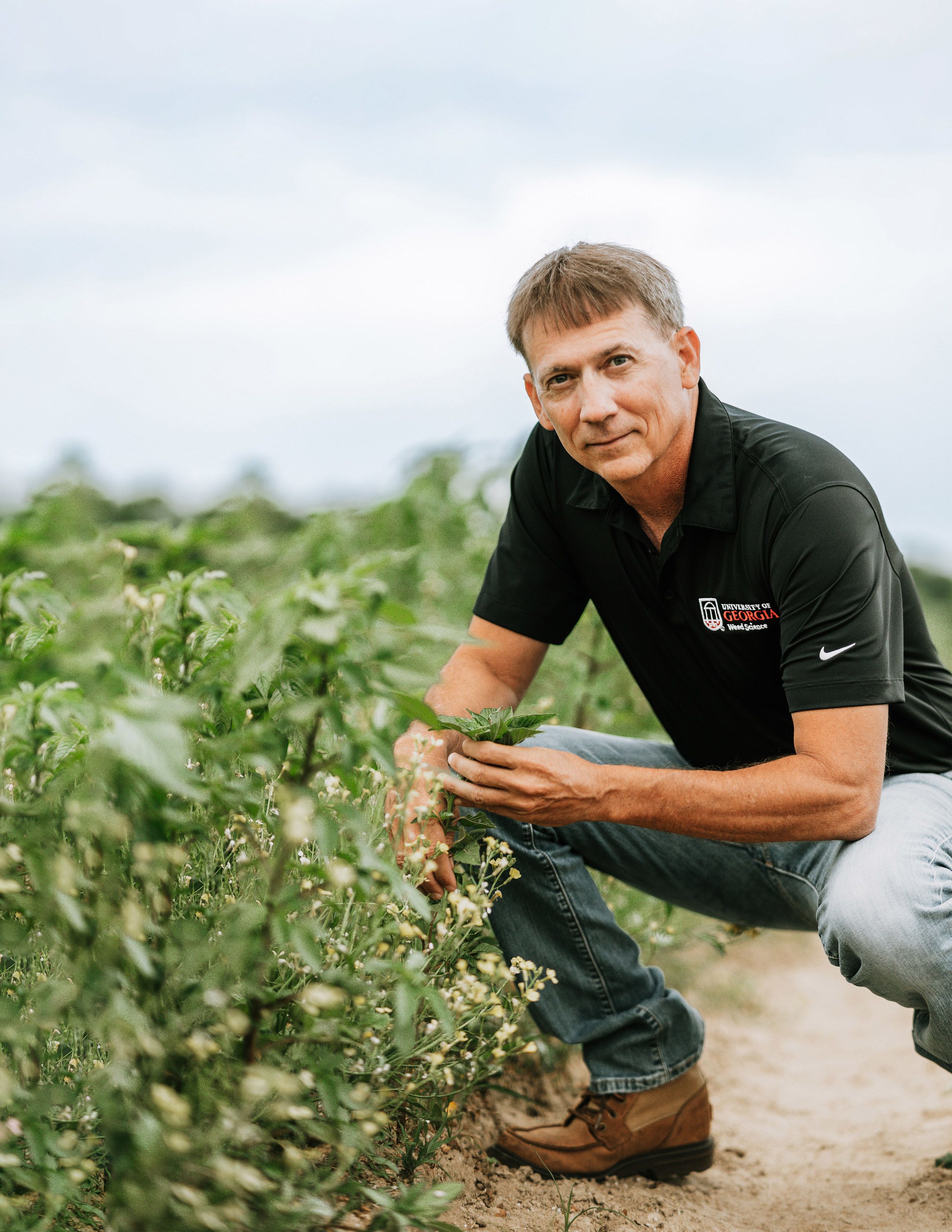 A man squatting in a field of weeds