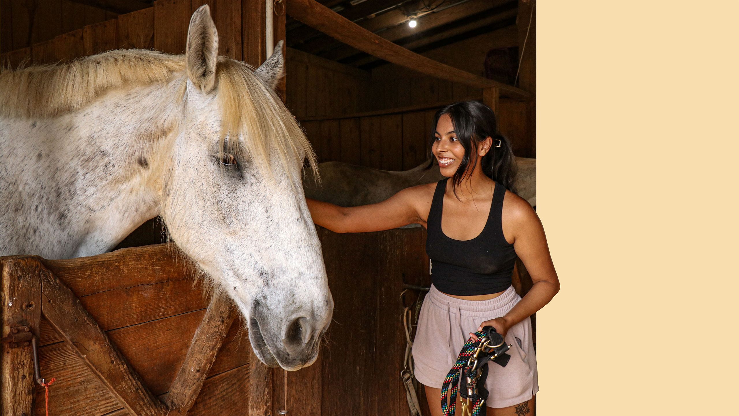 A girl petting a horse in a stable