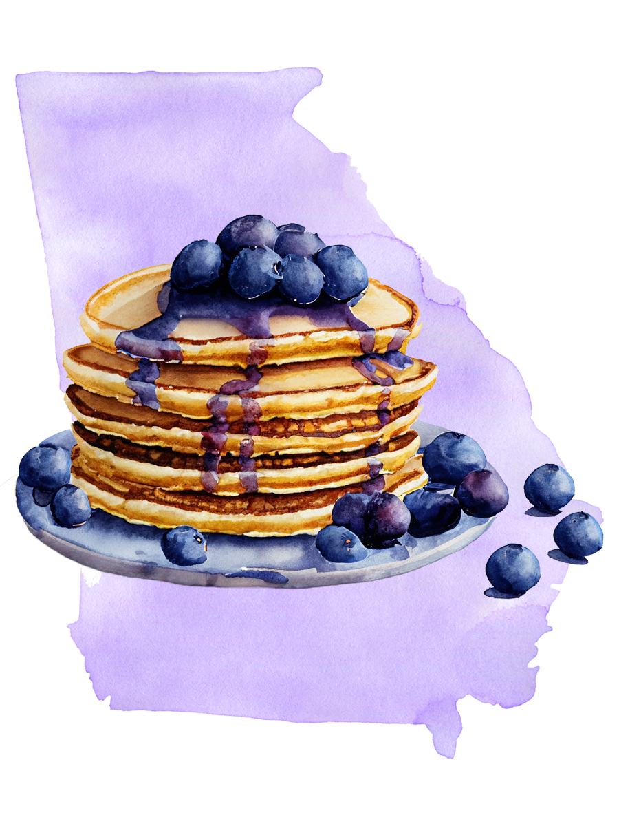 Watercolor painting of blueberry pancakes overlaid on the state of Georgia