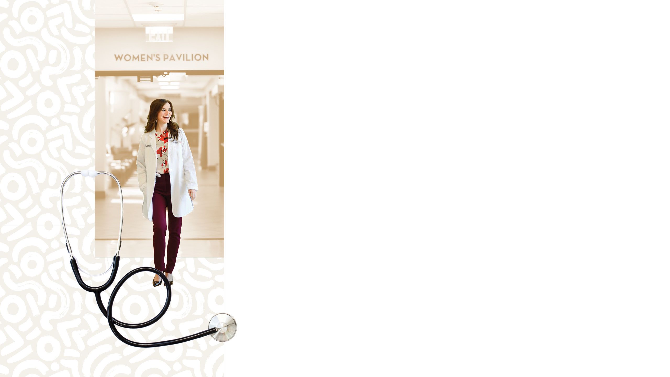 A photo of a stethoscope is in the foreground. In the background, Ashlee Nicole Tillery walks down a hallway in a white lab coat, smiling at something off camera.