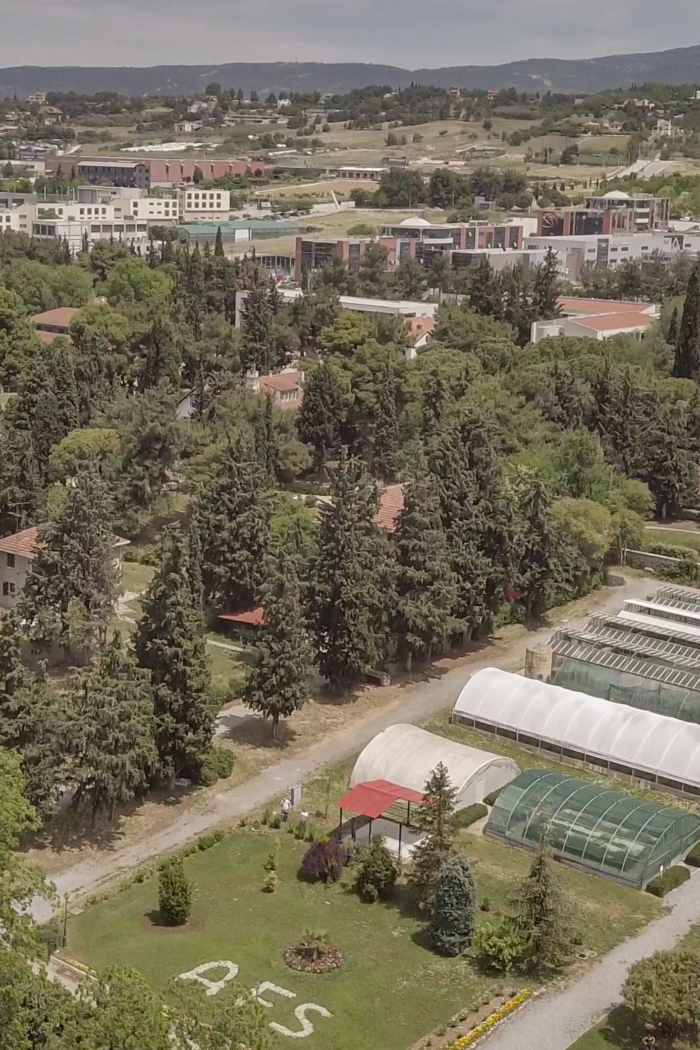 Aerial view of buildings, woods, and a lawn labeled "AFS."
