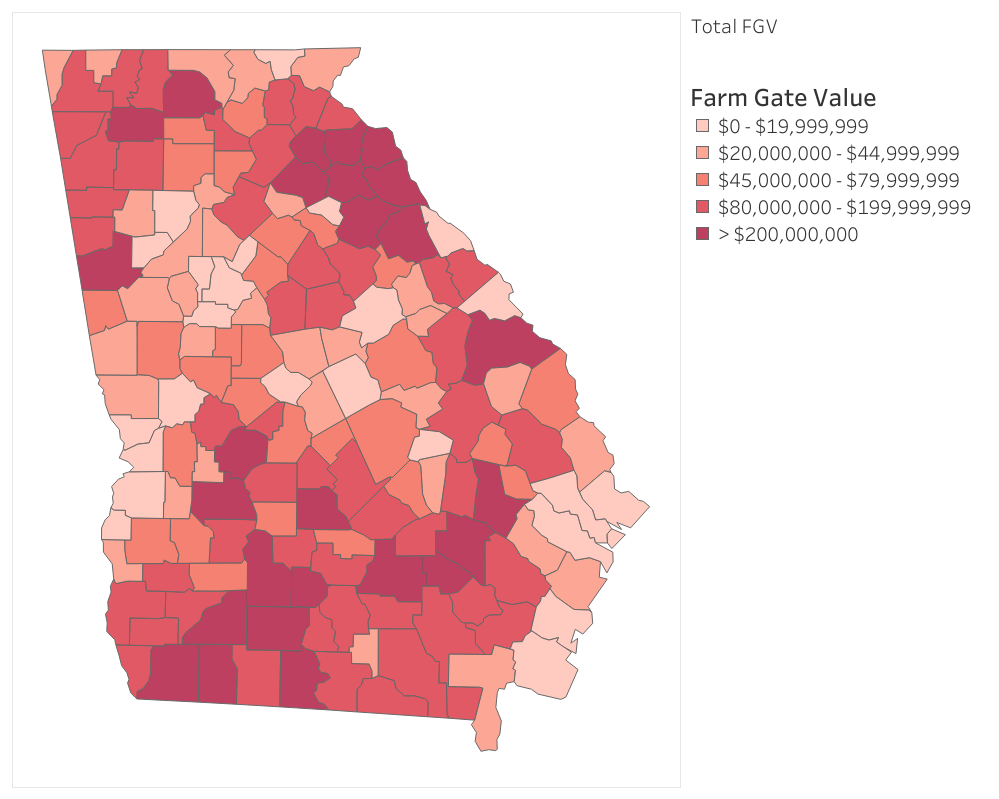 View an expanded version of the Georgia county-level farm gate value heat map.