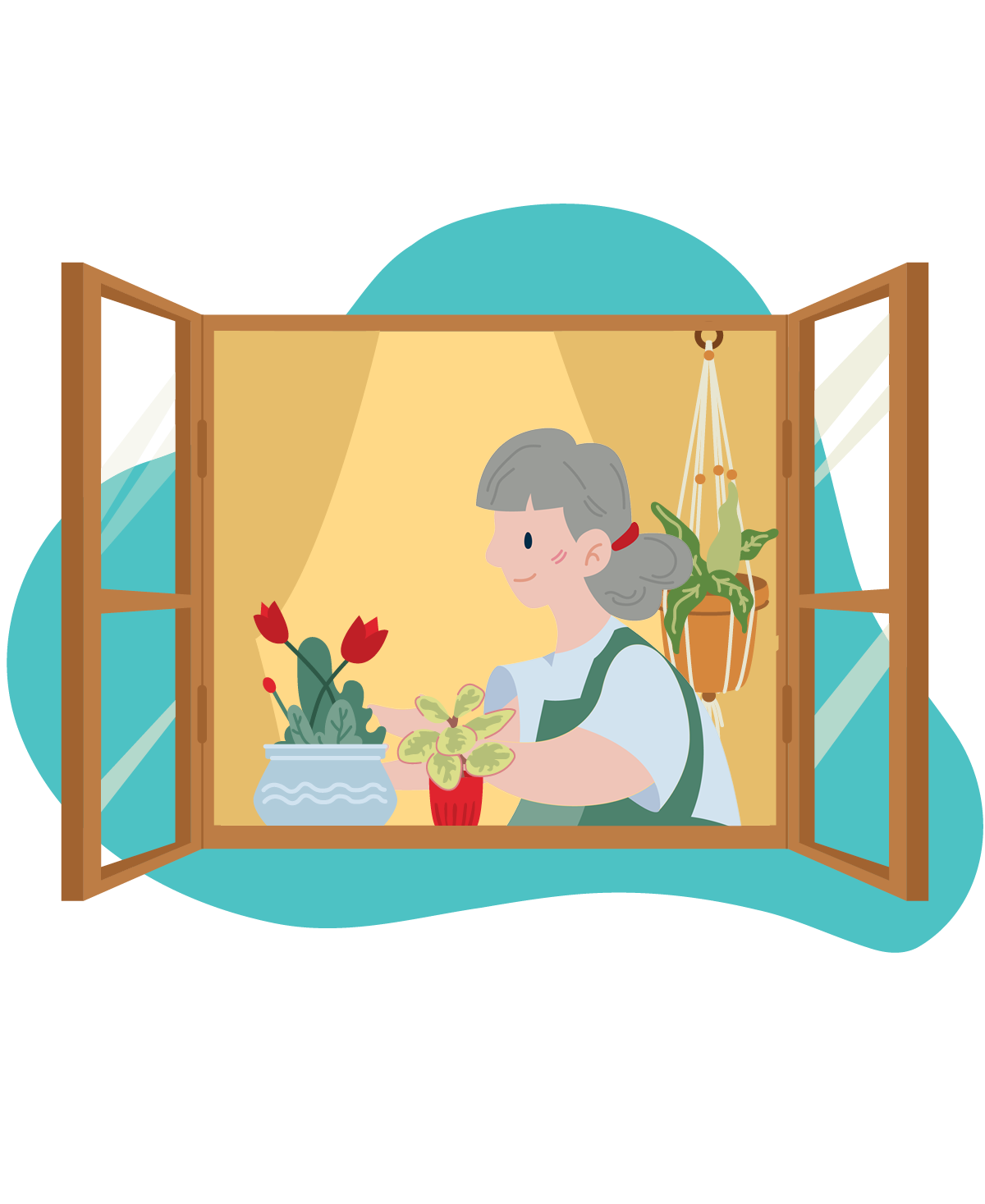 Person in a window with potted plants reaching towards a flower pot