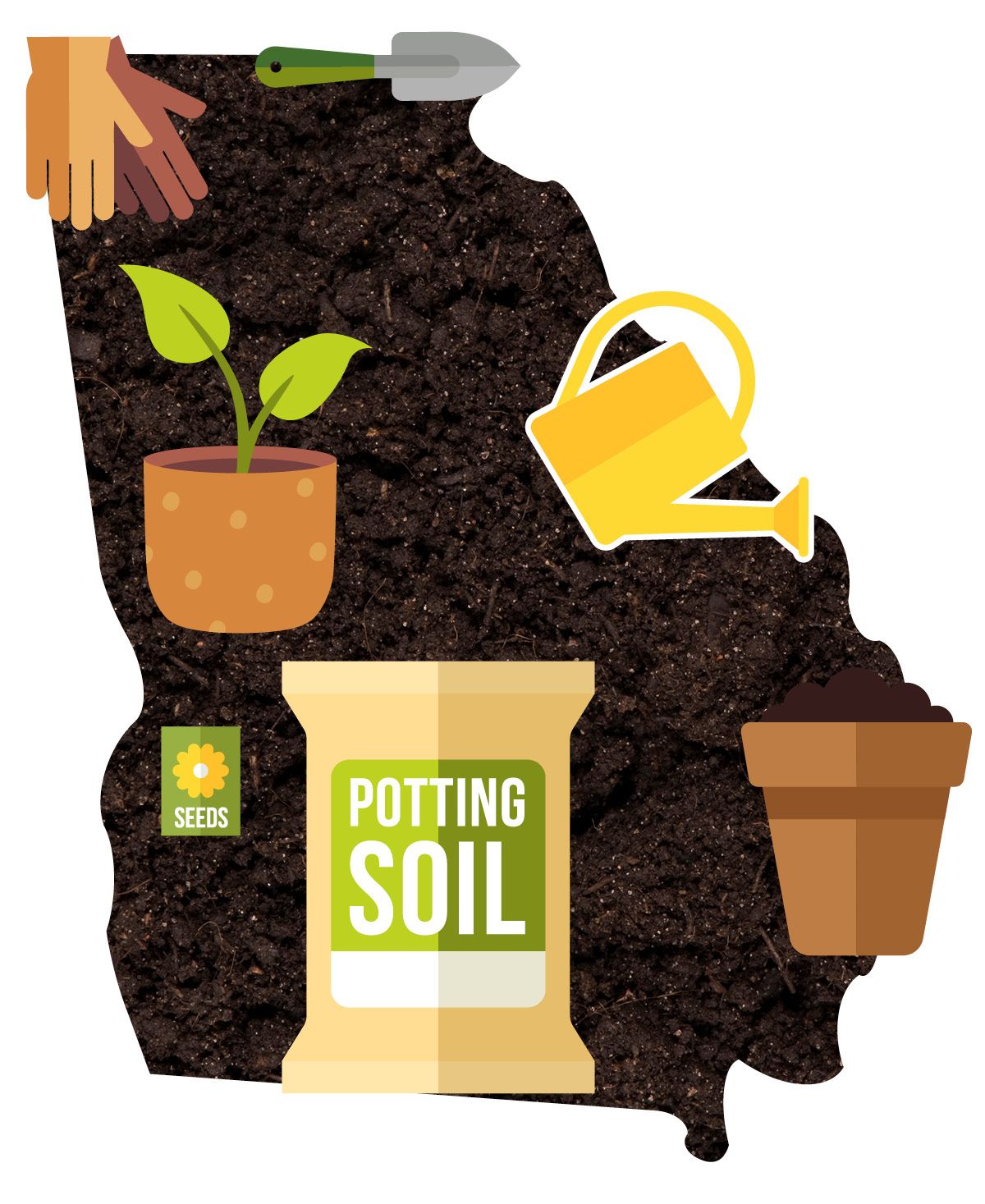 Soil colored outline of Georgia with a sprouting plant and gardening tools