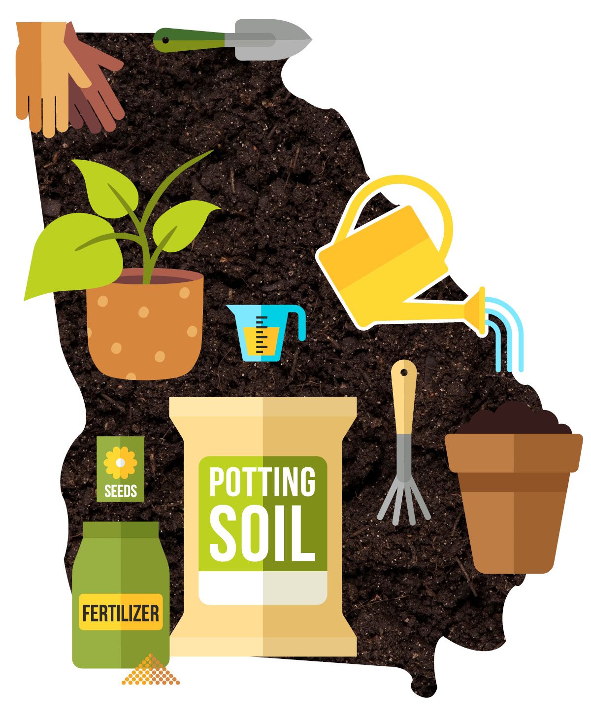 Soil colored outline of Georgia with a further sprouting plant and more gardening tools