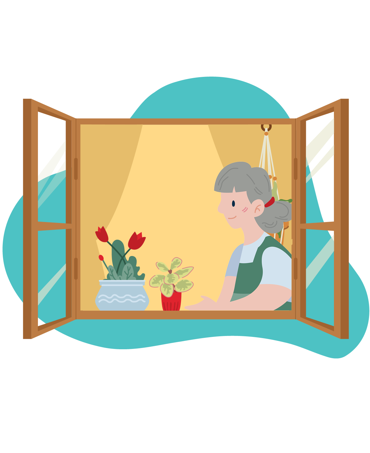 Person standing in a window with potted plants
