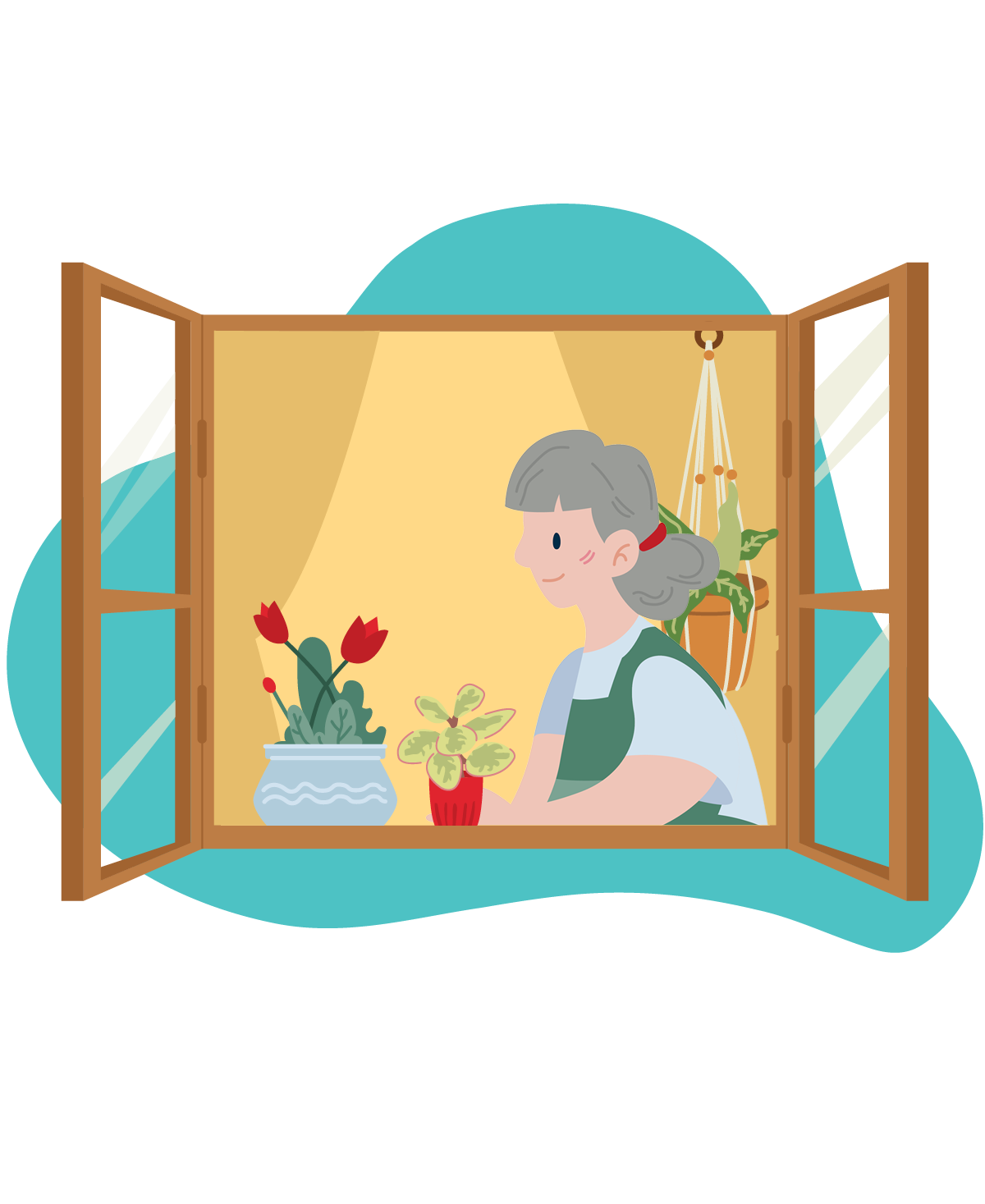 Person leaning forward in a window with potted plants