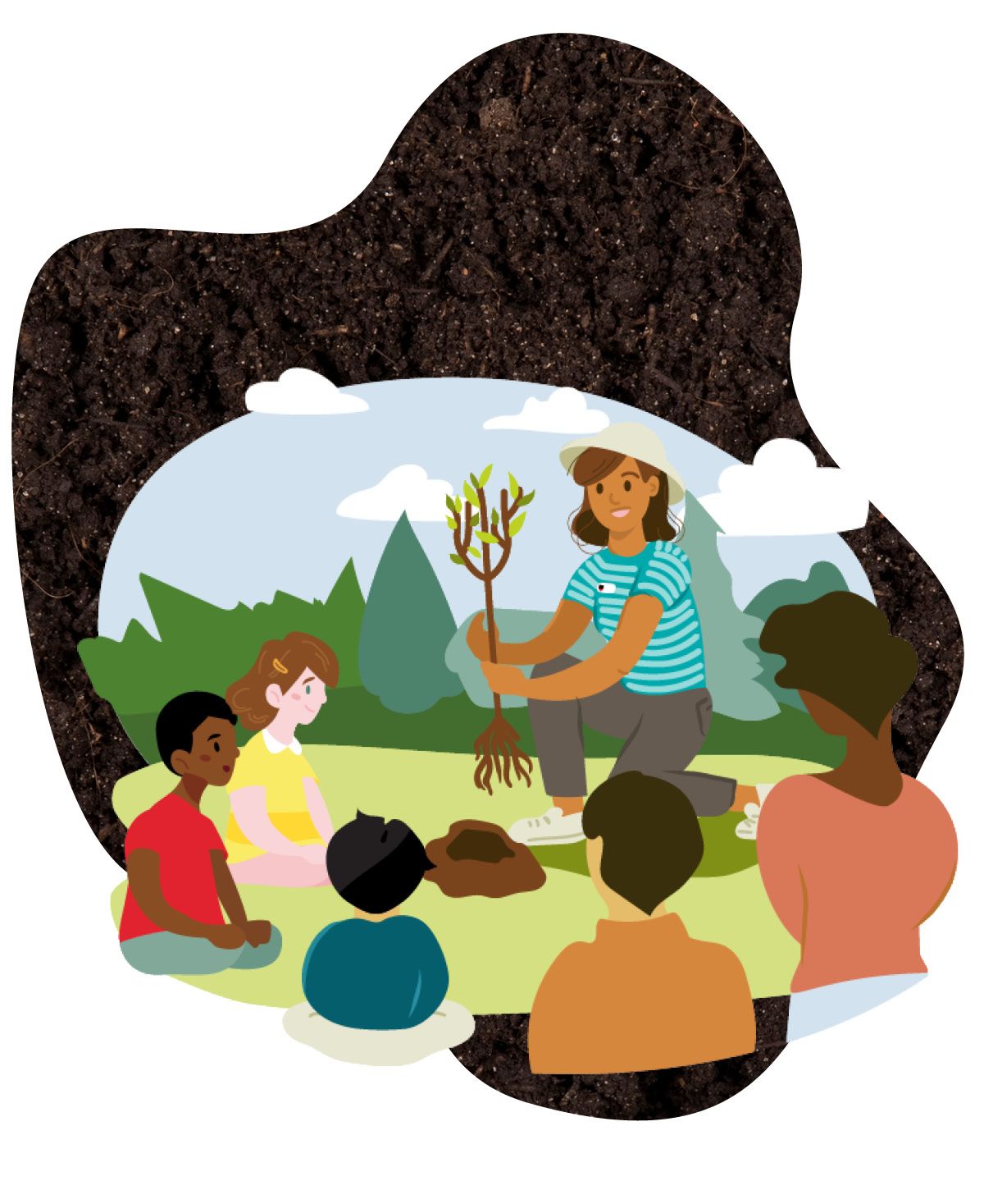 Person demonstrating planting a tree to a group of other people