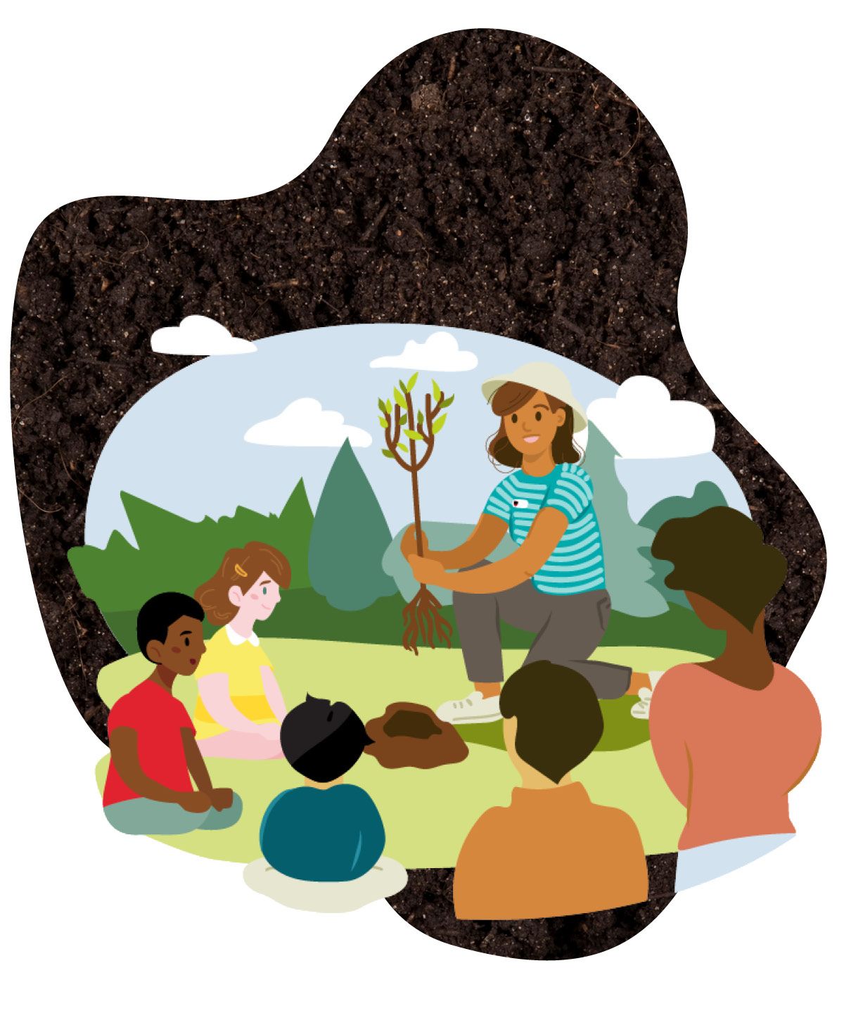 Person demonstrating planting a tree to a group of other people