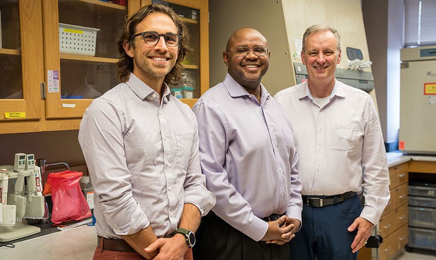 Researchers Jarrod Call, Franklin West, and Steven Stice stand together in a laboratory setting, smiling.