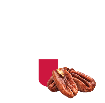A bunch of pecans is next to a red shield logo, set against a light gray background with concentric white circles.