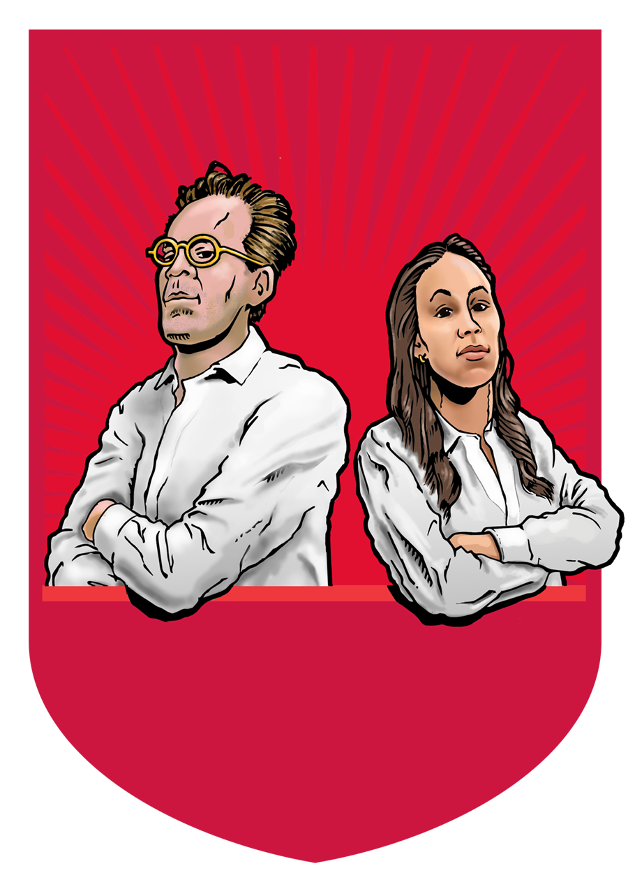 Comic book style illustration of Jim Gratzek and Emma Moore back to back with their arms crossed on a red shield