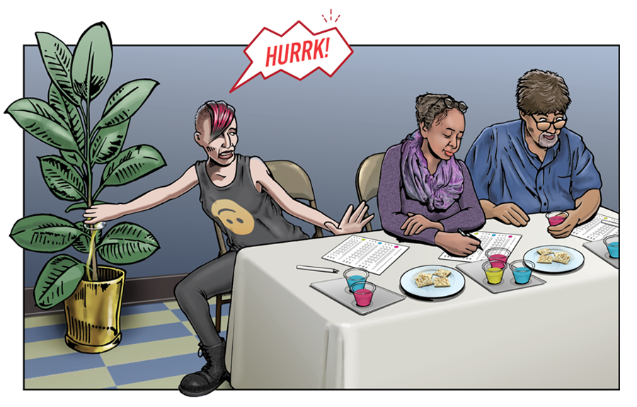 Comic-style panel of three people at a table with food product evaluation forms. One of the people pushes their chair back, making an unhappy face with a speech bubble reading "Hurrk!"
