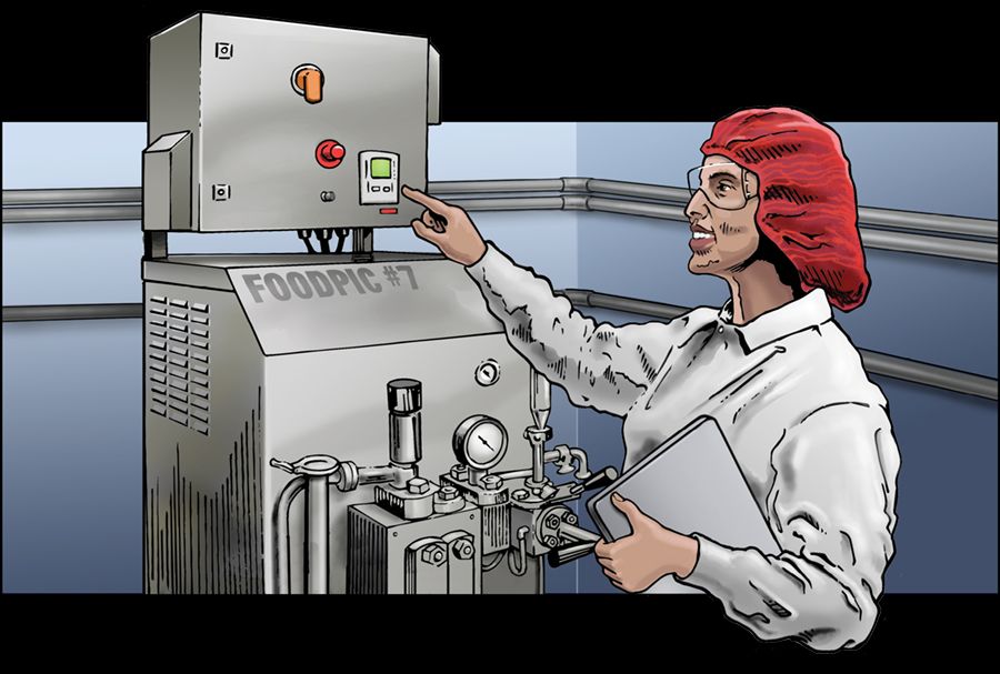 Comic-style illustration of Emma Moore using a lab machine