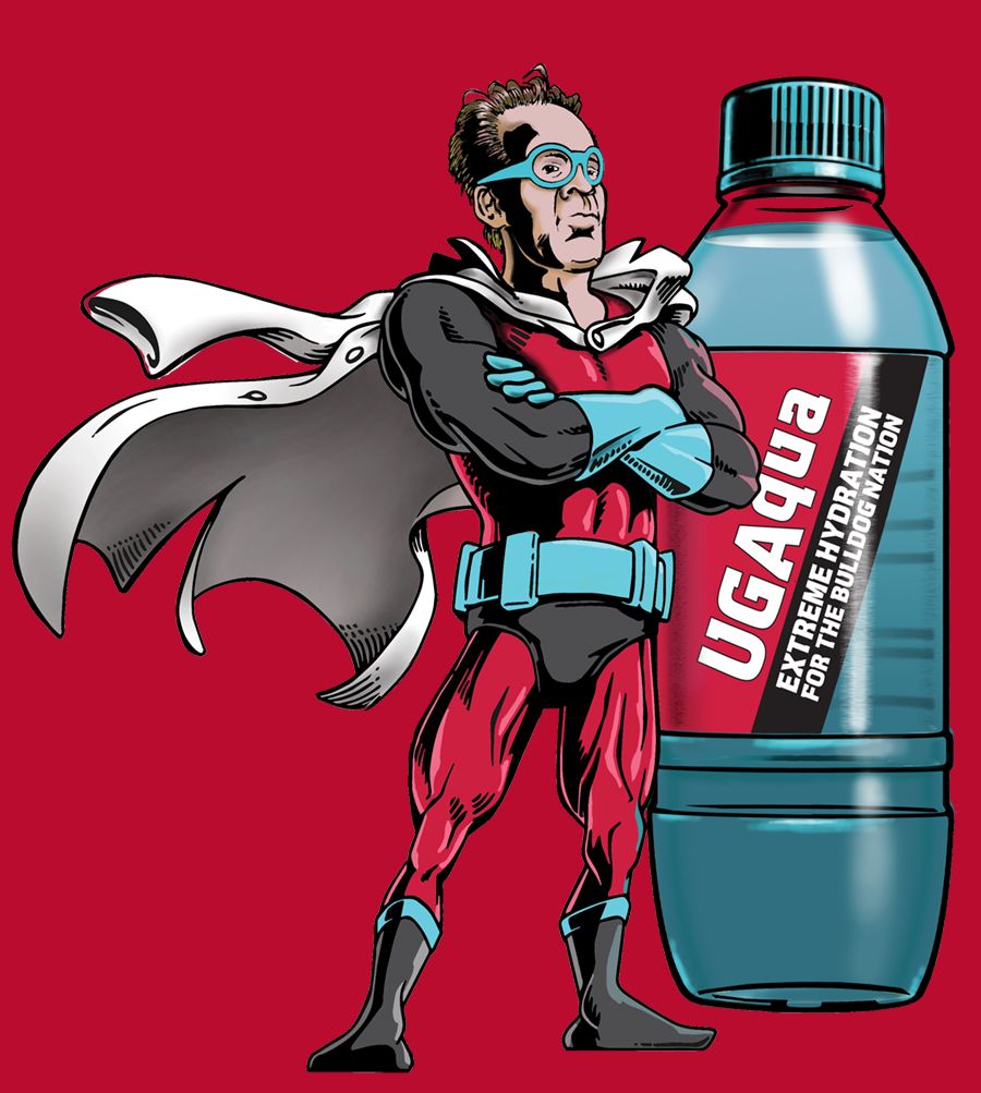 Illustration of Jim Gratzek as a superhero next to a bottle of "UGAqua" sports drink