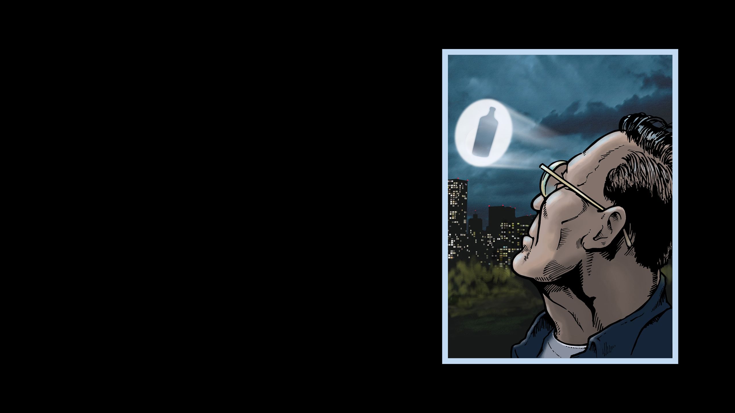 Comic book style panel showing Jim Gratzek looking up at a bat signal in the shape of a bottle