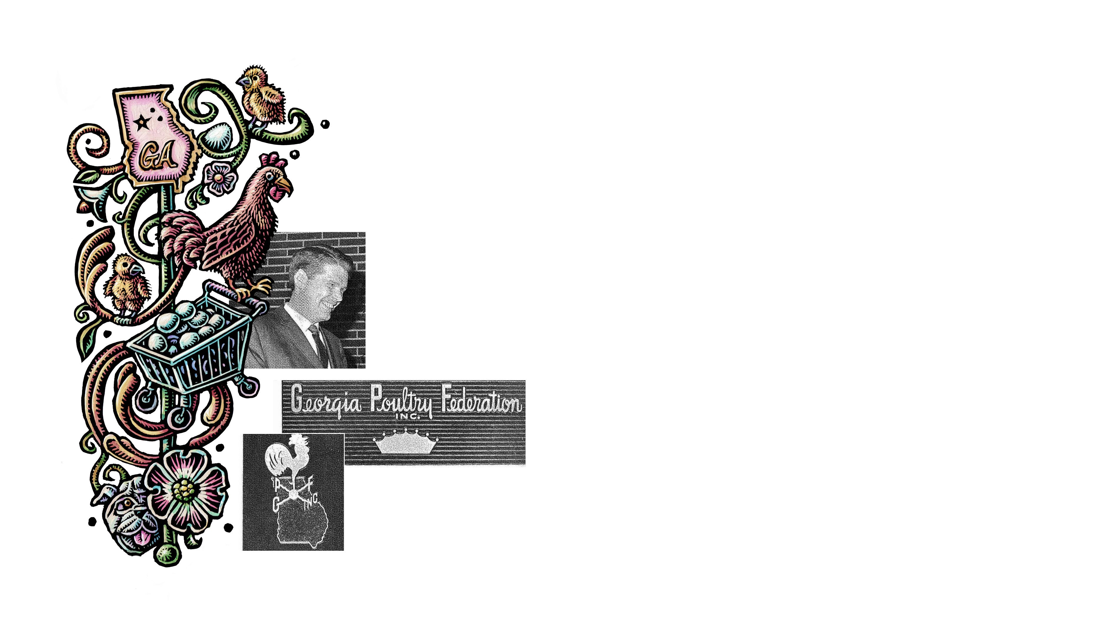 Decorative border made of illustrations of chickens, chicks, and eggs around a floral frame. Black and white photos of Massey and the Georgia Poultry Foundation are next to the border.