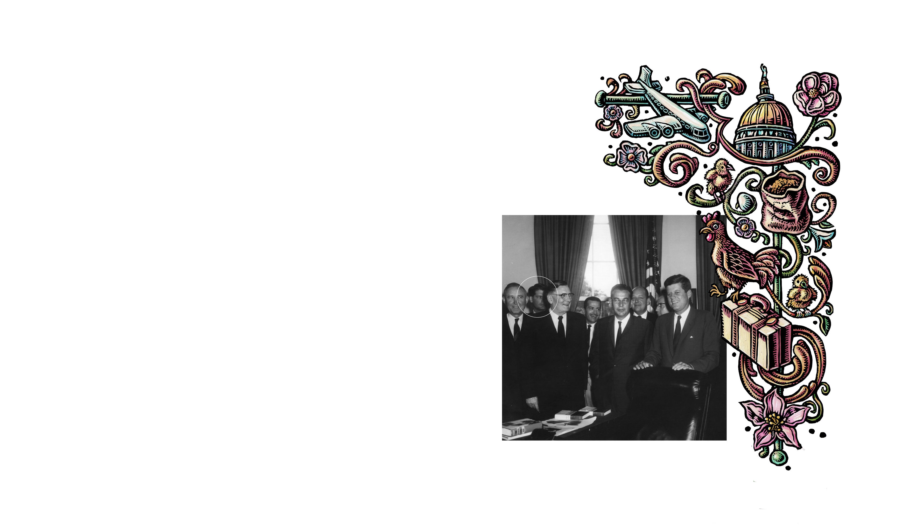 Decorative border made up of illustrations of the Georgia Capitol, chickens, and travel objects. A photo of Massey with John F. Kennedy is beside the border, and Massey is circled.