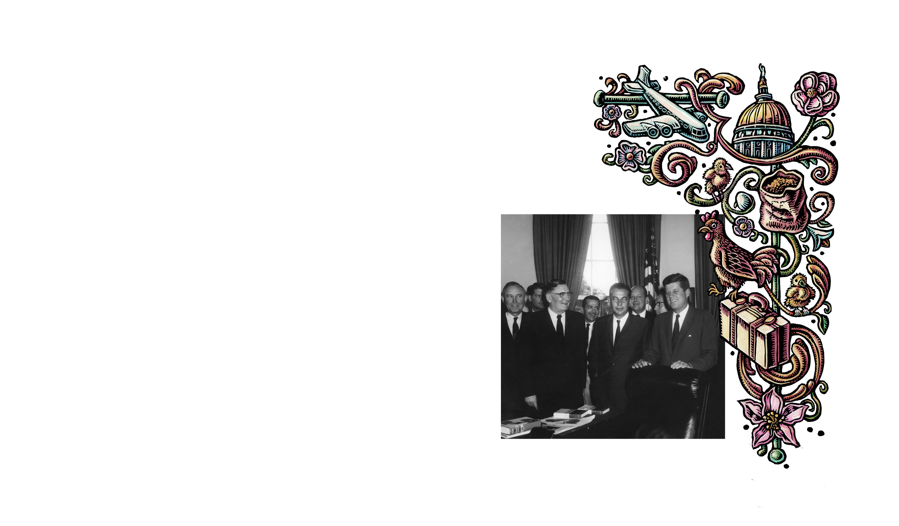 Decorative border made up of illustrations of the Georgia Capitol, chickens, and travel objects. A photo of Massey with John F. Kennedy is beside the border.