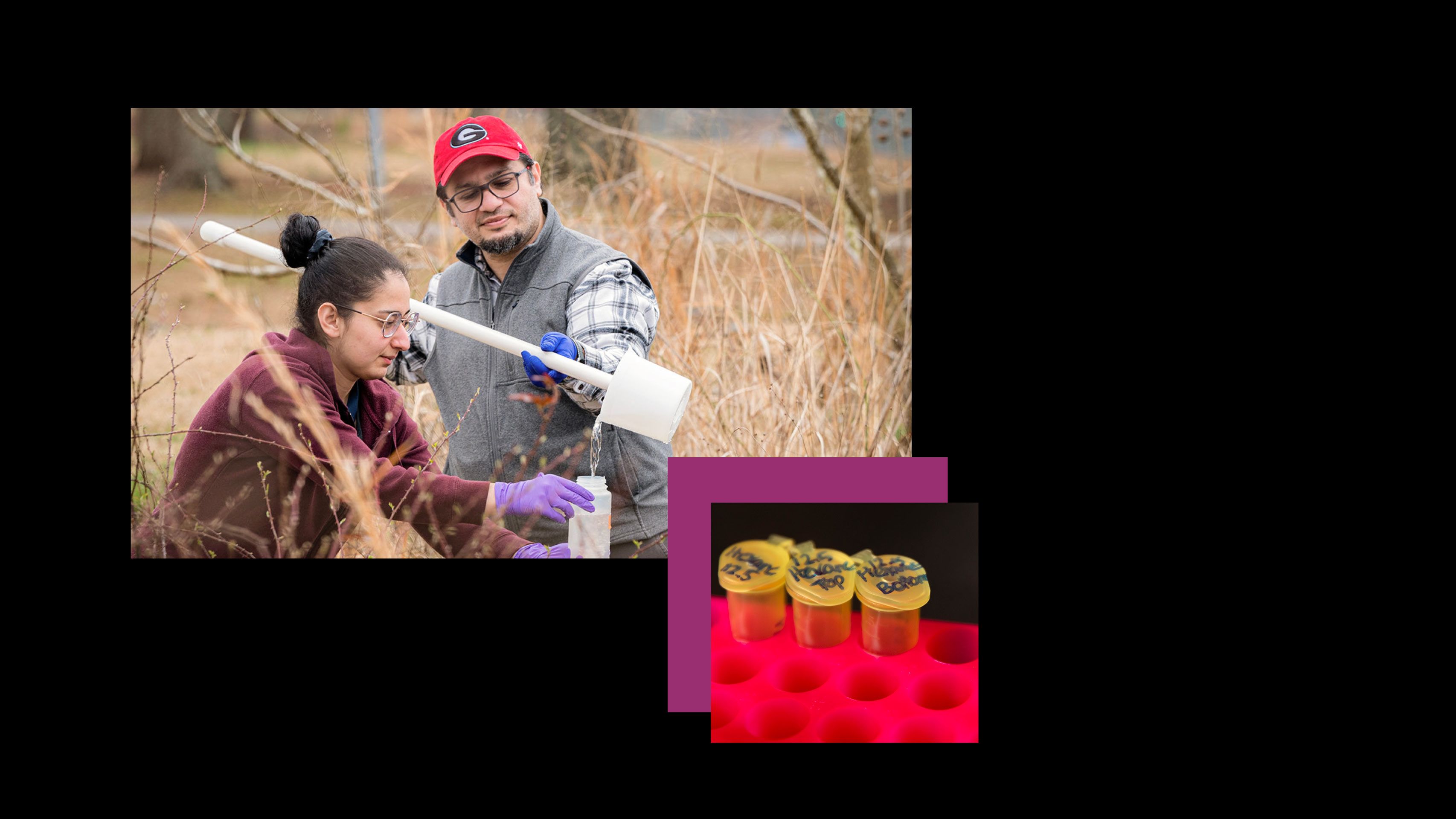 An inset photo of samples in small tubes appears next to the photo of water sample collecting